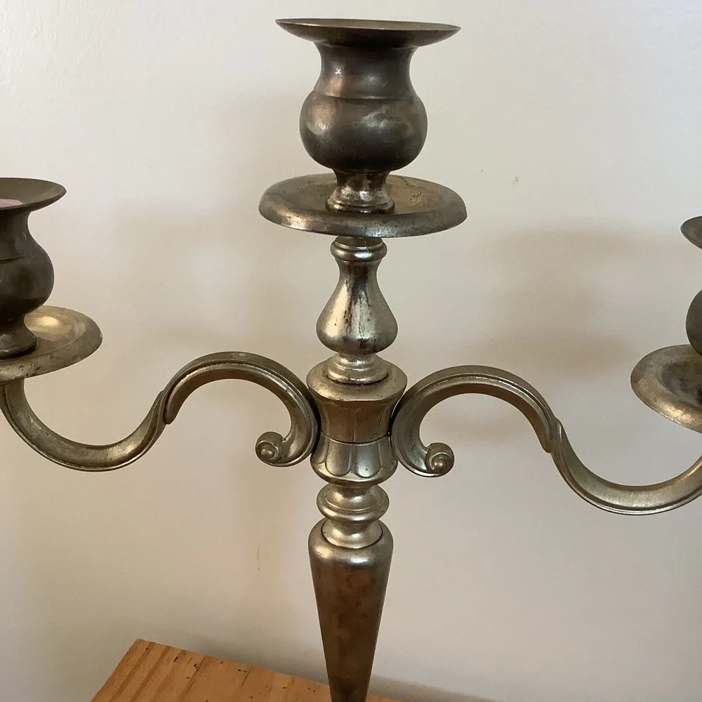 Vintage Antique Large 3 Arm Silvertone Brass Candelabra Candle Stick Ornate